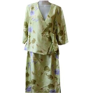 David Warren Green Floral Skirt Suit Church MOTB Silk 12